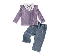 Toddler Girls Outfits 2-3 Years Ruffled Long Sleeve Lapel Neck Tops Sweatshirt with Elastic Denim Pants Fruits Print Long Trousers Cute Sets 3Pcs Girl Clothing 3-4 Years (Purple, 3-4 Years)