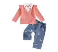 Toddler Girls Outfits 2-3 Years Ruffled Long Sleeve Lapel Neck Tops Sweatshirt with Elastic Denim Pants Fruits Print Long Trousers Cute Sets 3Pcs Girl Clothing 3-4 Years (Pink, 3-4 Years)