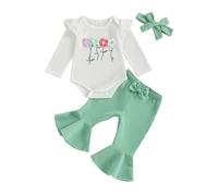 Toddler Girls Outfits Crochet Floral Embroidery Long Sleeve Romper Jumpsuit Ruffled Tops Bodysuit with Elastic Flared Pants and Bow Headband Sets 3Pcs Baby Girl Clothing (Green, 3-6 Months)