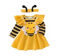 Toddler Girls Outfits Flying Sleeve Bodysuit Jumpsuit Romper with Bee/Beetle Embroidery Overall Dress A-Line Suspender Skirt and Headband Sets 3Pcs Baby Girl Clothing (Yellow, 3-6 Months)