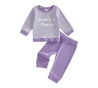 Toddler Girls Outfits Long Sleeve Auntie's Bestie Letter Embroidery Sweatshirt Pullover Striped Tops and Elastic Waist Solid Pants 2Pcs Set Baby Girl Matching Sister Clothes (Purple, 6-12 Months)