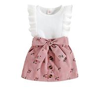 Toddler Girls Outfits Sleeveless Ribbed Tank Tops Floral Print Vest Bowknot Skirts 2PCS Baby Summer Clothes for Birthday Pink