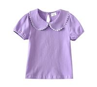 Toddler Girls Peter Pan Collar Shirt Lace Short Sleeve Cute Tops Solid Color Basic T Shirts Tie Back Summer Blouse (Purple, 18-24 Months)