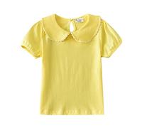 Toddler Girls Peter Pan Collar Shirt Lace Short Sleeve Cute Tops Solid Color Basic T Shirts Tie Back Summer Blouse (Yellow, 5-6 Years)