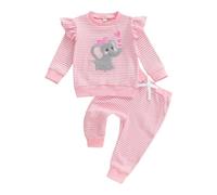 Toddler Girls Pink Outfits 12-18 Months Long Sleeve Elephant Embroidery Sweatshirt T-shirt Pullover Tops and Elastic Waist Stripe Pants 2Pcs Set Baby Girl Clothes 2-3 Years (Pink, 12-18 Months)