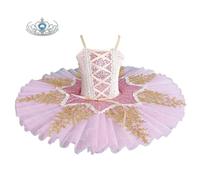 Toddler Girls Pink Pancake Tutu Ballet Dress Gold Embroidery & Sparkly Sequin Ballerina Outfit for Dance Performances,130