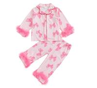 Toddler Girls Satin Pajamas Outfits Feather Trim Long Sleeve Bow Print Lapel Button Down Sweatshirt Top with Elastic Pants Sets 2Pcs Kids Sleepwear Clothes for Little Girls (Pink, 4-5 Years)