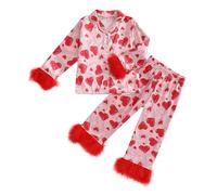 Toddler Girls Satin Pajamas Outfits Long Sleeve Heart Bow Print Plush Lapel Neck T shirt Top with Elastic Pants Sets 2Pcs Sleepwear Valentine's Day Clothes for Little Girls (Rose, 7-8 Years)