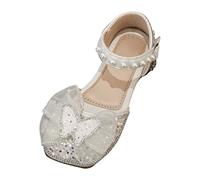 Toddler Girls Sequin Shoes Pearl Bow Glitter Closed Toe Non Slip Flat Mary Jane Sandals Kids Dance Wide Fit Prom Princess Wedding Slides Summer Casual Lightweight Slippers (Beige, 2.5 Big Kids)