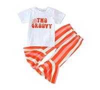 Toddler Girls Short Sleeve Letter T Shirt Pullover Tops Striped Prints Bell Bottoms Pants Kids Outfits Kid Apparel 2-3 Years #2_White