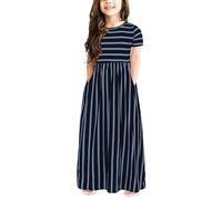 Toddler Girls Striped Long Dresses with Pockets Short Sleeve Kids Cute Maxi Dress Crew Neck Summer Casual Skirts A Line Birthday Wedding Party (Navy-a, 140)