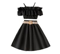 Toddler Girls Summer Outfits 3PCS Set Sleeveless Ruffles Top Skirt with Belt Solid Color Children Clothes Casual Playwear (Black-b, 7-8 Years)