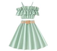 Toddler Girls Summer Outfits 3PCS Set Sleeveless Ruffles Top Skirt with Belt Solid Color Children Clothes Casual Playwear (Green-b, 8-9 Years)