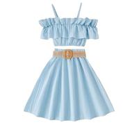 Toddler Girls Summer Outfits 3PCS Set Sleeveless Ruffles Top Skirt with Belt Solid Color Children Clothes Casual Playwear (Blue-b, 7-8 Years)