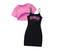 Toddler Girls Summer Outfits Glitter Dance Dress Costume Fashion Letter Love Printed Cami Long Sleeve Tops Crop Set Vacation Ruffled Top Dresses Sets Matching Up Hot Pink
