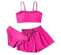 Toddler Girls Three Piece Swimsuit Set Solid Colour Bikini Ruffle Bathing Suit Briefs Girls Swimwear Set Surf Beach Summer Swimming Costume Age 1 to 4 Years (10-12 Years) Hot Pink
