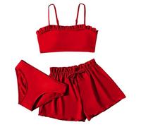 Toddler Girls Three Piece Swimsuit Set Solid Colour Bikini Ruffle Bathing Suit Briefs Girls Swimwear Set Surf Beach Summer Swimming Costume Age 1 to 4 Years (Red, 12-14 Years)