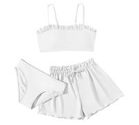 Toddler Girls Three Piece Swimsuit Set Solid Colour Bikini Ruffle Bathing Suit Briefs Girls Swimwear Set Surf Beach Summer Swimming Costume Age 1 to 4 Years (White, 10-12 Years)