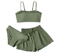 Toddler Girls Three Piece Swimsuit Set Solid Colour Bikini Ruffle Bathing Suit Briefs Girls Swimwear Set Surf Beach Summer Swimming Costume Age 1 to 4 Years (Army Green, 10-12 Years)