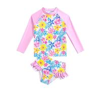 Toddler Girls Two Piece Swimsuit Rash Guard Set Pink Tropical Floral Long Sleeve with Ruffle Bikini Bottoms Swimwear Summer Beach Suit 6 Years