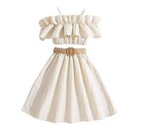 Toddler Girls Winter Sleeveless Solid Color Ruffles Tops Skirt with Belt 3PCS Outfits Clothes Set Cute Girls Outfits Size 12 Beige
