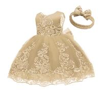 Toddler Gold Dress, Lace V-Back Princess Dress with Bowknot Headwear for Kids Baby Christening Communion Birthday Party Wedding, S Princess Costumes for Girls