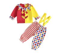 Toddler Halloween Clown Costume Stripes Colorful Plaid Sweatshirt Overalls | Colorful poms, adjustable shoulder straps, clown collar, cosplay holiday outfit, perfect for theme parties, masquerades
