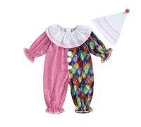Toddler Halloween Clown Costume Stripes Colorful Plaid Sweatshirt Overalls | Colorful poms, adjustable shoulder straps, clown collar, cosplay holiday outfit, perfect for theme parties, masquerades