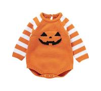 Toddler Halloween Outfit Warm Jumpsuit Baby Boy Newborn Infant Baby Girls Boys Crewneck Halloween Outfits Striped Long Sleeve Pumpkin Romper Knitted Sweater Bodysuit Jumpsuit(Orange, 12-18 Months)