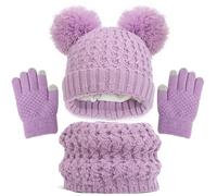 Toddler Hat Girls Kids Winter Hat Gloves Scarf Set Girls Toddler Kids Hats with Pom Knitted Neck Warmer Gaiter Mittens Fleece Lined Set Men's Hat Winter, purple, 1-6 Jahre