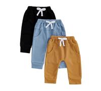 Toddler Infant Baby Boy Elastic Waist Sweatpants 3 Piece Solid Color Long Pants Winter Warm Long Trousers Kids Casual Jogger Bottoms Tracksuit Outfits for Little Boy (Blue Brown, 12-18 Months)