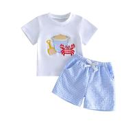Toddler Infant Baby Boy Spring Summer Outfit Short Sleeve Cartoon Embroidery T shirt Top and Elastic Waist Shorts 2 Piece Tracksuit Sets Baby Clothes for Little Boys (Blue Crab, 12-18 Months)