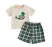 Toddler Infant Baby Boy Spring Summer Outfit Short Sleeve Cartoon Embroidery T shirt Top and Elastic Waist Shorts 2 Piece Tracksuit Sets Baby Clothes for Little Boys (Apricot Duck, 18-24 Months)