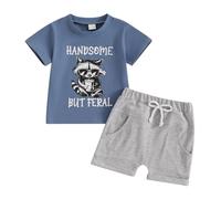 Toddler Infant Baby Boy Spring Summer Outfit Short Sleeve Cartoon Embroidery T shirt Top and Elastic Waist Shorts 2 Piece Tracksuit Sets Baby Clothes for Little Boys (Blue Animal, 6-12 Months)