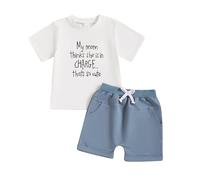 Toddler Infant Baby Boy Spring Summer Outfit Short Sleeve Round Neck Letter Print Shirts Top T-shirt and Elastic Waist Solid Shorts 2Pcs Tracksuit Set Clothes for Little Boy (White, 12-18 Months)