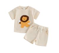 Toddler Infant Baby Boy Spring Summer Waffle Outfit Short Sleeve Round Neck Lion Embroidery T-shirt Top and Elastic Waist Shorts 2Pcs Tracksuit Set Clothes for Little Boy (Beige, 2-3 Years)