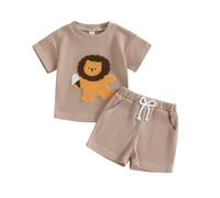 Toddler Infant Baby Boy Spring Summer Waffle Outfit Short Sleeve Round Neck Lion Embroidery T-shirt Top and Elastic Waist Shorts 2Pcs Tracksuit Set Clothes for Little Boy (Khaki, 6-12 Months)