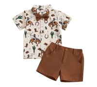 Toddler Infant Baby Boy Summer Gentleman Outfits Short Sleeve Cartoon Print T Shirts Top and Elastic Waist Shorts 2Pcs Tracksuit Sets Formal Clothes for Little Boys (Beige Brown, 6-12 Months)