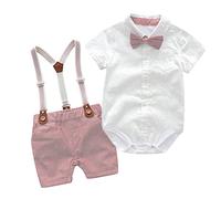 Toddler Infant Baby Boy Suspenders and Bow Tie Outfit Shorts Short Sleeve Bodysuit Romper Summer T-Shirt Top Baby Clothes Summer Baby Gentleman Suit Set for Christening Wedding (Pink , 6-12 Months )
