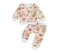 Toddler Infant Baby Girl Fall Winter Outfit 0-4 Years Long Sleeve Flower Print Sweatshirt Pullover Top and Elastic Waist Pants 2Pcs Tracksuit Set Clothes for Little Girls (Beige, 12-18 Months)