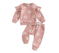 Toddler Infant Baby Girl Fall Winter Outfit Clothes 0-5 Years Long Sleeve Sweatshirt Flower Daisy Pullover Tops + Elastic Waist Trousers Pants With Pockets Tracksuit Sets (Bean Pink, 6-12 Months)