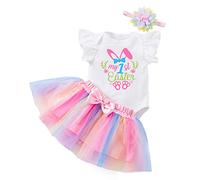 Toddler Infant Girls Easter Day Fly Sleeve Prints Romper Bow Tie Net Yarn Short Skirts Kids Headbands Outfits Girls Sweat (B, 3-6 Months)
