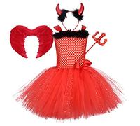 Toddler Kid Baby Girl Devil Costume Halloween Fancy Dress Up Handmade Crotch Tutu Tulle Dress with Horns Headband Pitchfork Feather Wings Outfit for Carnival Evil Cosplay Xmas Party Red + Black 6-12M