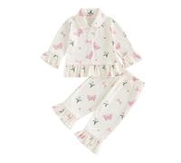 Toddler Kid Baby Girls 2Pcs Pajama Set Strawberry/Butterfly Print Sleepwear Spring Autumn Long Sleeve Ruffle Shirt Top Long Pants (White, 2-3 Years)