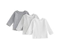 Toddler Kid Boys 3 Pack Shirt Solid/Striped Long Sleeve Round Neck T-Shirt Tops Spring Fall Cotton Pullover Baby Boy Top (White, 3-4 Years)