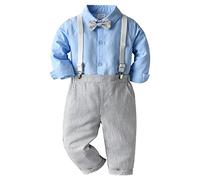 Toddler Kids Baby Boys Gentleman Formal Suit Baptism Christening Outfit Bow Tie Button Down Long Sleeve Shirt Striped Suspenders Pants Easter Party Birthday Wedding Christmas Clothes Blue 2-3 Years