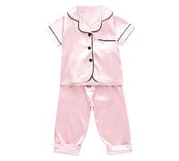 Toddler Kids Baby Boys Girls Satin Short Sleeve Button Down Shirt Tops + Long Pants Silk Pajamas Sleepwear Outfits Loungewear Set Boys Fleece Pyjamas Age 13-14 Years 2-3 Boys Pj (Pink, 110)