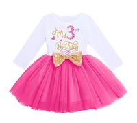 Toddler Kids Baby Girl It's My 3rd Third Birthday Cake Smash Outfit Cotton Long Sleeve Princess Bowknot Tutu Tulle Dress Three Years Old Party Clothes Photo Props Photography Costume Hot Pink 3 Years