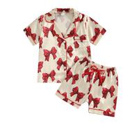 Toddler Kids Baby Girl Pyjamas Set Bow Print Pjs Short Sleeve Button Down Sleepwear 2 Pieces Shirt Top Pants Nightwear Homewear (Beige Red Bow, 2-3 Years)
