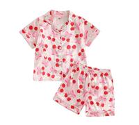 Toddler Kids Baby Girl Pyjamas Set Bow Print Pjs Short Sleeve Button Down Sleepwear 2 Pieces Shirt Top Pants Nightwear Homewear (Pink Bow Cherry Print, 8-9 Years)